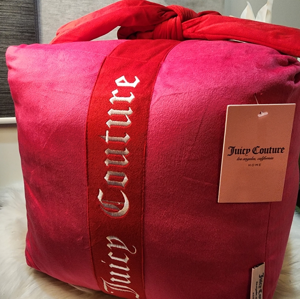 Juicy Couture Hot Pink Red Velour Christmas Present Decorative  Pillow